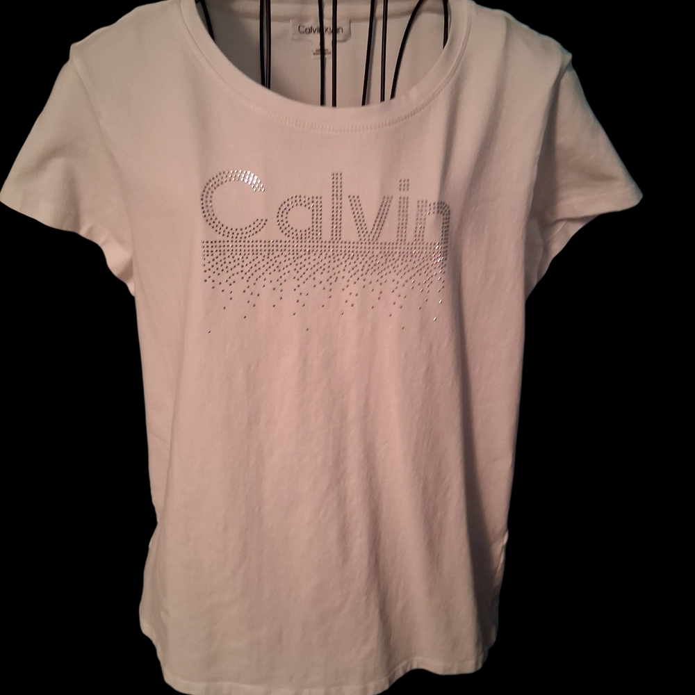 Calvin Klein White Short Sleeve Tee with Rhinestone Logo
